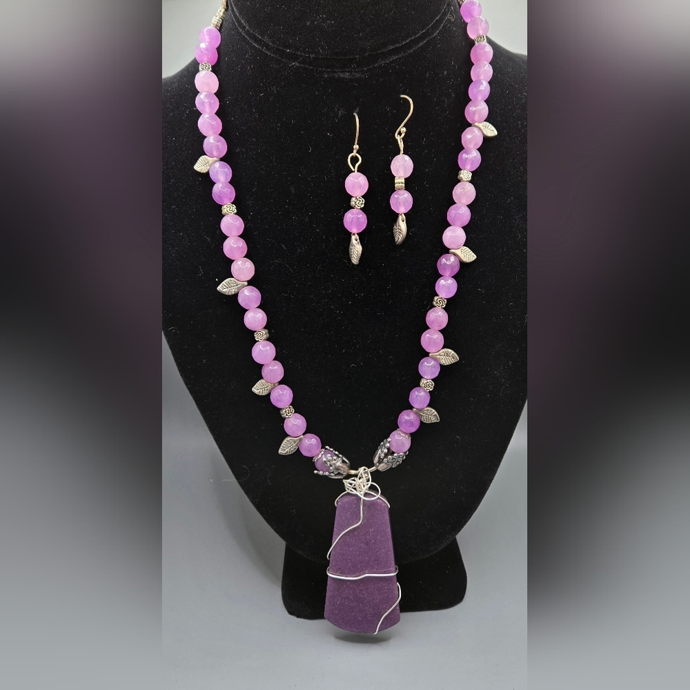 Purple Jadeite & Sterling Set Necklace & Earrings Hand Crafted 20" Long